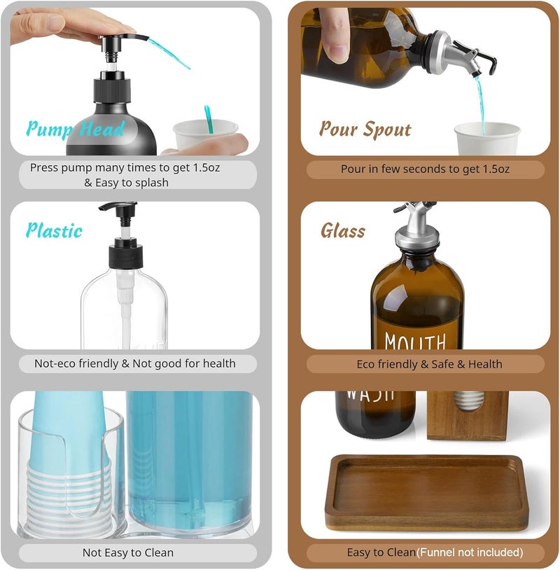 Bivvclaz Amber Glass Mouthwash Dispenser for Bathroom, 16 OZ Mouthwash Dispenser with Pour Spout and Acacia Wood Cup Holder and Tray, Mouth Wash Bottle Container for Kitchen Bathroom Decor and Accessories - Image 4